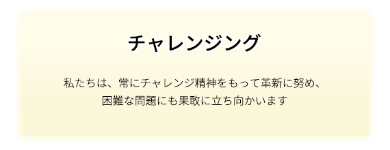 チャレンジング 私たちは、常にチャレンジ精神を持って革新に努め、困難な問題にも果敢に立ち向かいます